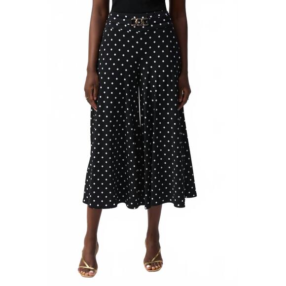 NEW JOSEPH RIBKOFF silky knit dot print pull-on culotte pants in black/vanilla